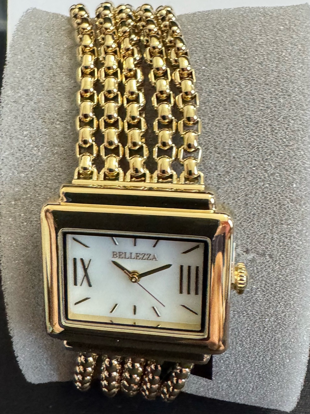 Bellezza  Gold/White Pearl Rectangular Watch w/ Beautiful Multi Chain Bracelet -
